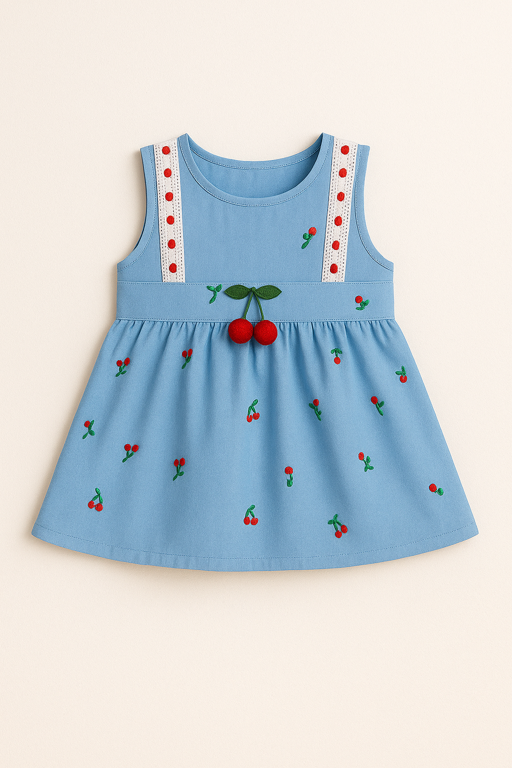 Blue dress with cherry embroidery on a beige background